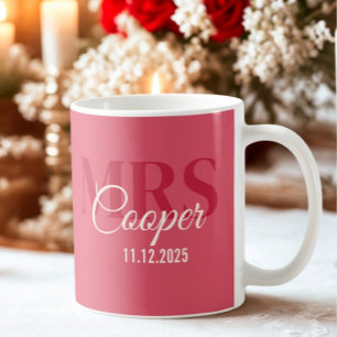 Bride Name With Wedding Date Crimson Red Color Coffee Mug