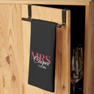 Bride Name With Wedding Date Crimson Red Color Tex Kitchen Towel