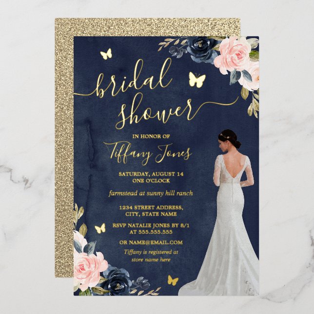 Bride Navy Gold Floral Bridal Shower Foil Invitation (Front/Back)