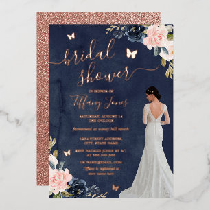 Bride Navy Rose Gold Floral Bridal Shower  Foil Invitation