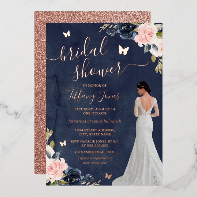Bride Navy Rose Gold Floral Bridal Shower  Foil Invitation (Front/Back)