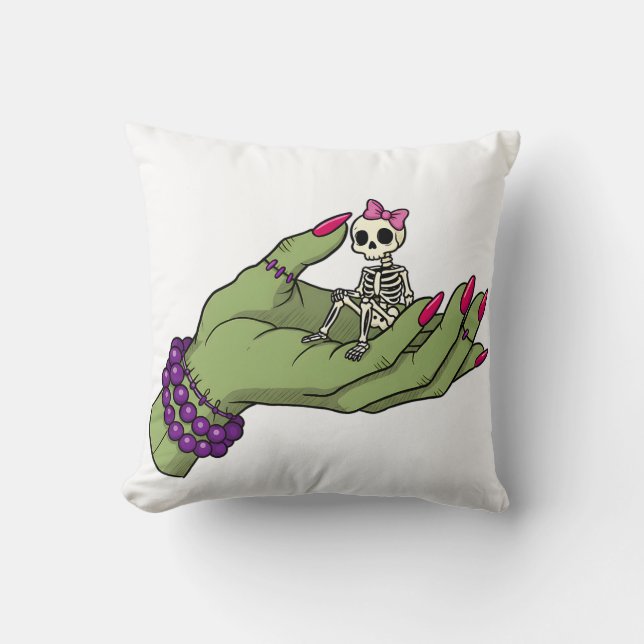 Bride of Frankenstein Hand with Skeleton Bow | Got Throw Pillow (Front)