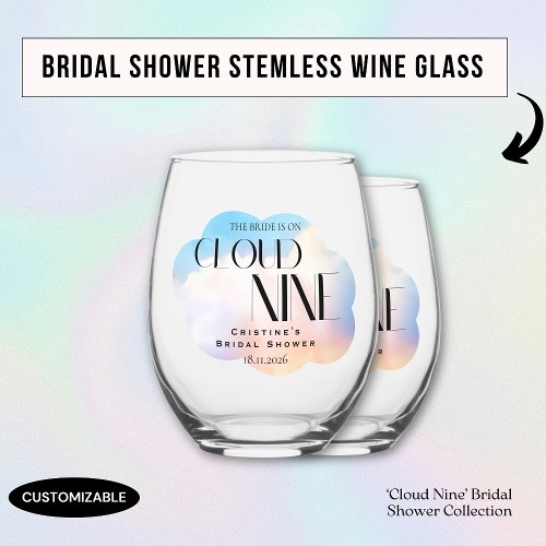 Bride on cloud 9 Colorful Pastel Bridal Shower  Stemless Wine Glass