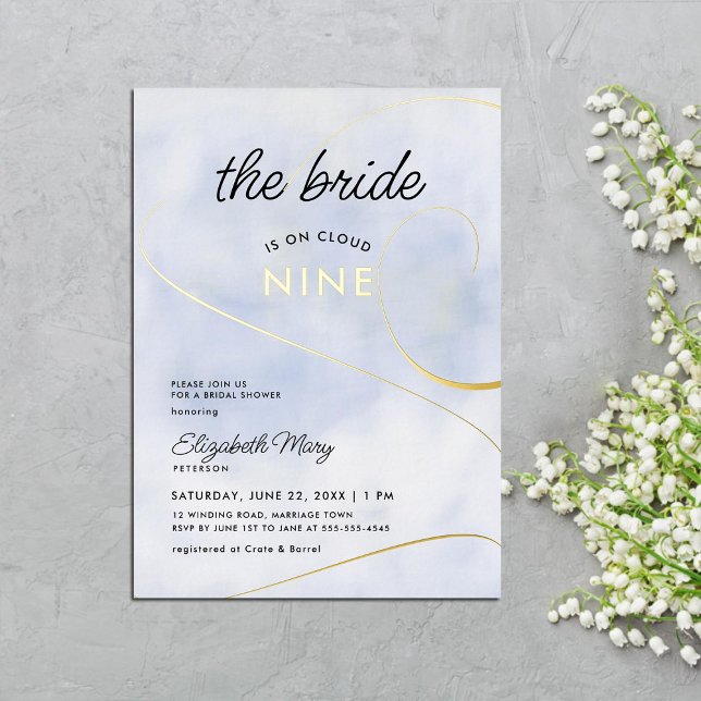 Bride on Cloud 9 Pastel Blue Gold Bridal Shower Foil Invitation (cloud 9 bridal shower invitation pastel blue calligraphy swirls modern elegant classy sky clouds)