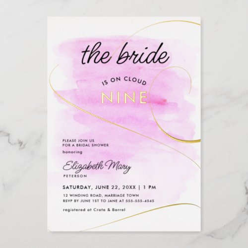 Bride on Cloud 9 Watercolor Gold Bridal Shower Foil Invitation