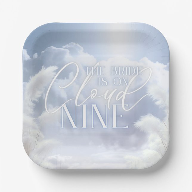 Bride On Cloud Nine 9 White Pampas Bridal Shower Paper Plates (Front)