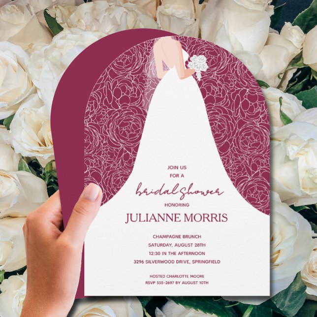 Bride on Cranberry Bridal Shower Arch Invitation (Bride on cranberry red bridal shower arch-top invitations)