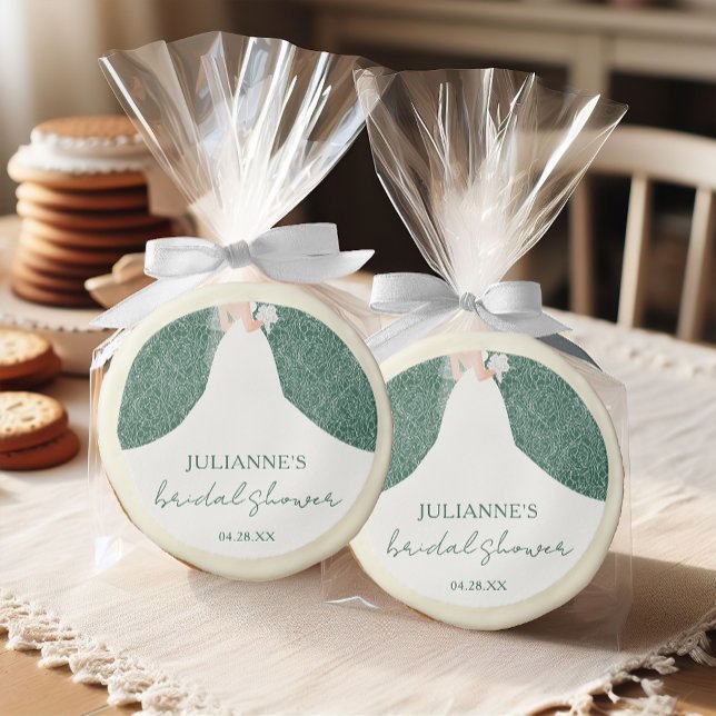 Bride on Emerald Green Bridal Shower Sugar Cookie (Bridal shower cookies feature a bride on a white rose pattern over emerald green background)