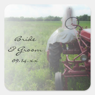 Bride on Farm Tractor Country Wedding Square Sticker