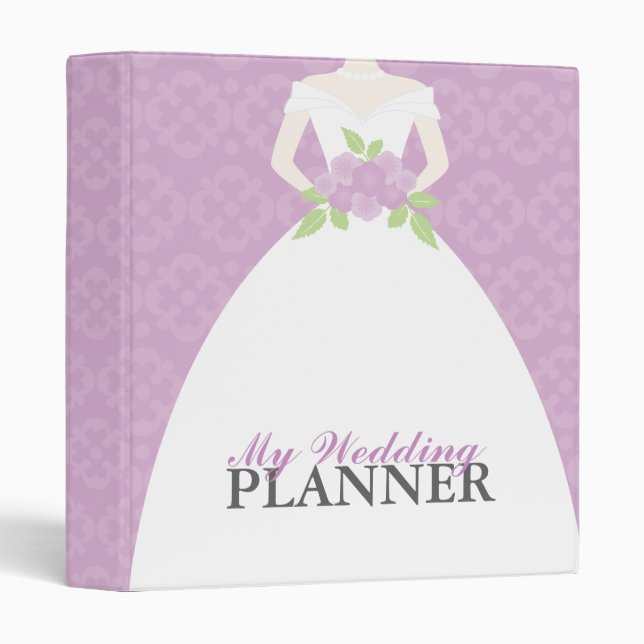 Bride on Purple Damask Pattern Wedding Binder (Front/Spine)