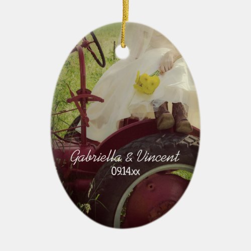 Bride on Red Tractor Country Farm Wedding Ceramic Ornament