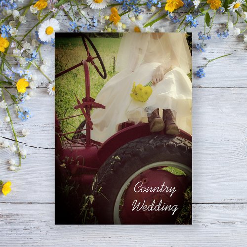 Bride on Red Tractor Country Farm Wedding Invitation