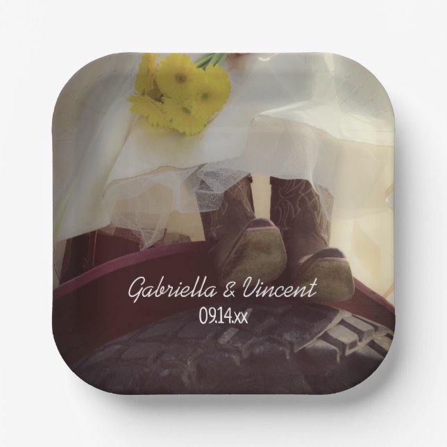 Bride on Red Tractor Country Farm Wedding Paper Plates (Front)