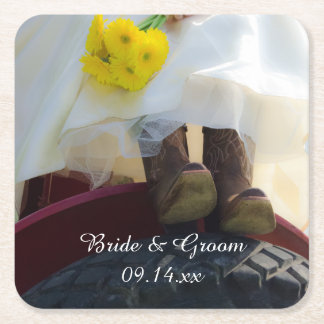 Bride on Red Tractor Country Farm Wedding Square Paper Coaster