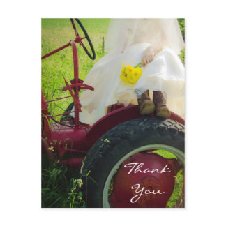 Bride on Tractor Country Farm Wedding Thank You Postcard