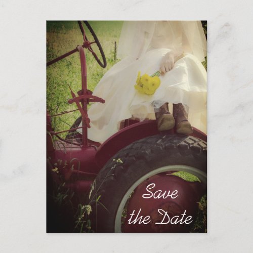 Bride on Tractor Country Wedding Save the Date Announcement Postcard