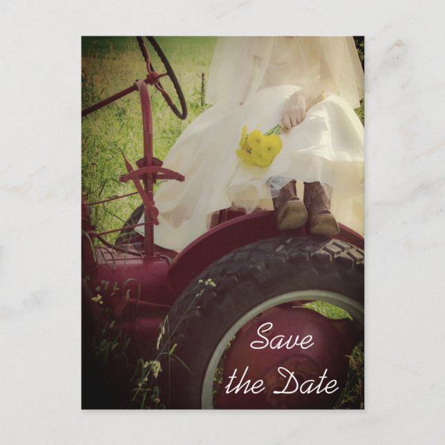 Bride on Tractor Country Wedding Save the Date Announcement Postcard (Front)