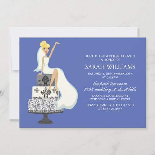 Bride on Wedding Cake Bridal Shower blue Invitation