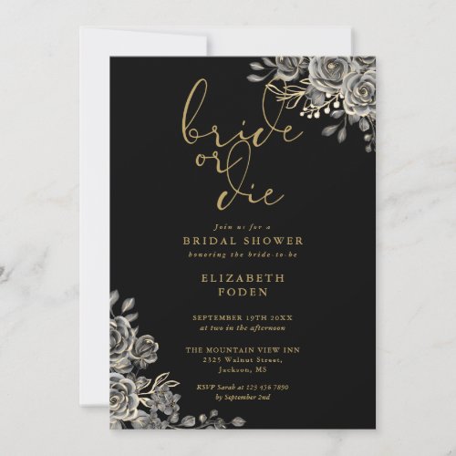 Bride Or Die Black And Gold Gothic Bridal Shower Invitation