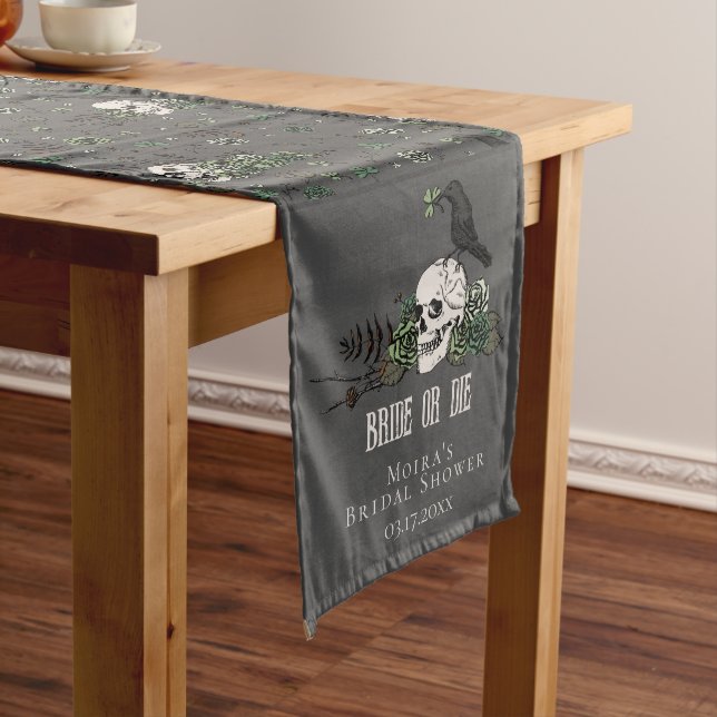 Bride or Die Black Floral Skulls Bridal Shower Long Table Runner (In Situ)