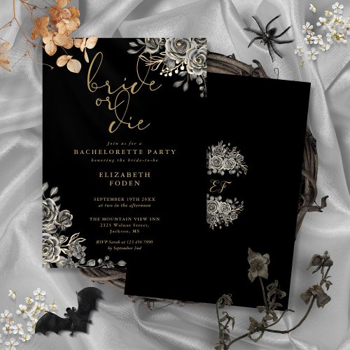 Bride Or Die Black Gold Gothic Bachelorette Party Invitation