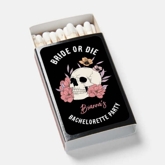 Bride or die black retro skull bachelorette favors matchboxes (Front Open)