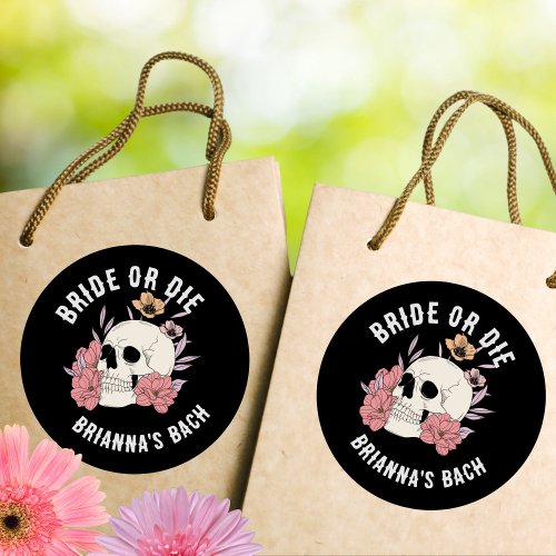 Bride or die black retro skull bachelorette party classic round sticker