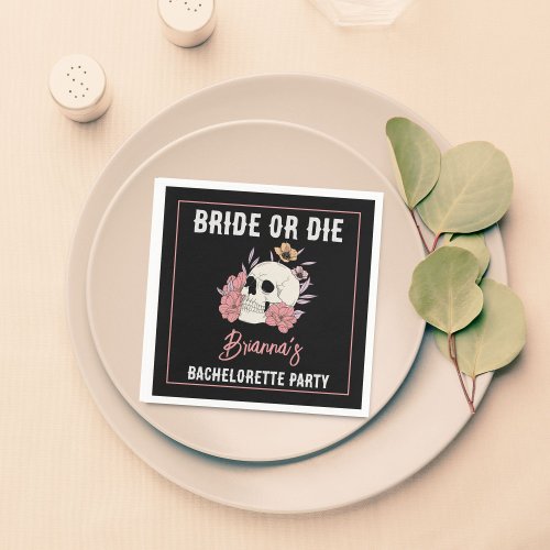 Bride or die black retro skull bachelorette party napkins