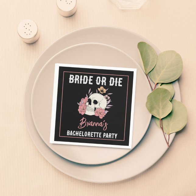 Bride or die black retro skull bachelorette party napkins (Bride or die black retro skull bachelorette party supplies monogram personalized napkins table decor)