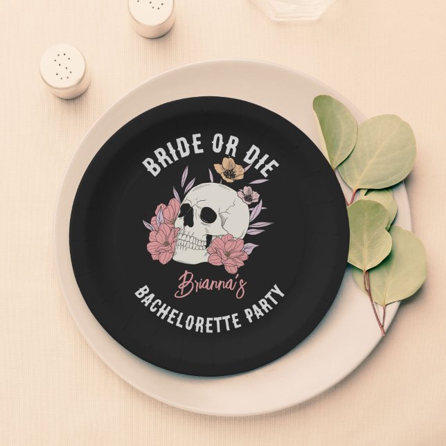 Bride or die black retro skull bachelorette party paper plates (Bride or die black retro skull bachelorette party personalized paper plates party supplies)