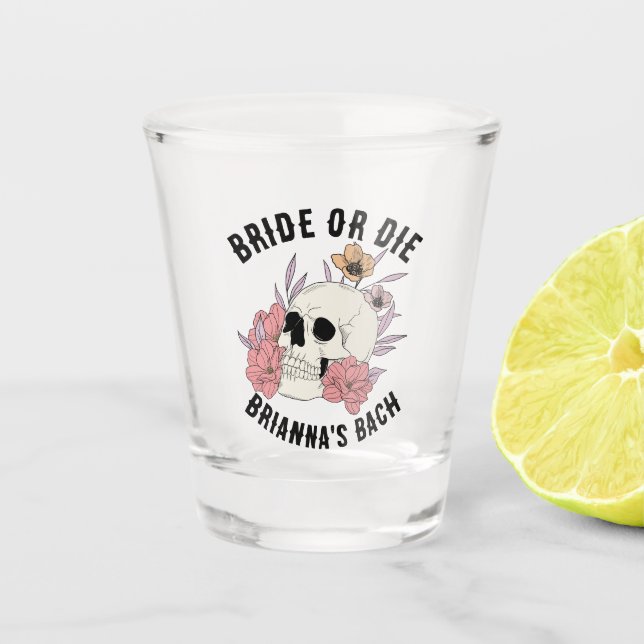 Bride or die black skull bachelorette favors shot glass (Front)