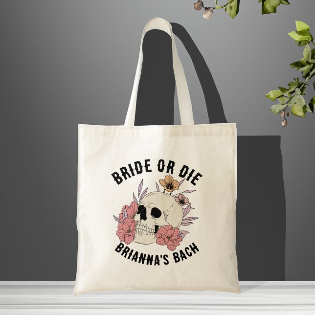 Bride or die black skull bachelorette favors tote bag (Bride or die black skull bachelorette party favors personalized tote bag bridesmaids gifts)