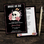 Bride or die black skull bachelorette weekend invitation<br><div class="desc">Bride or die bachelorette weekend itinerary invitations template instant digital download,  black invitations with gothic skeleton skull and itinerary details at the back</div>