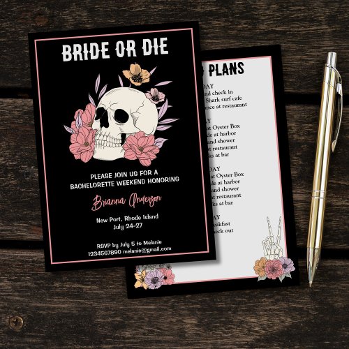 Bride or die black skull bachelorette weekend invitation