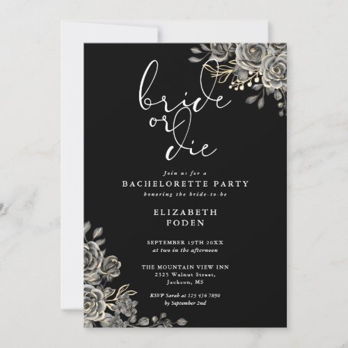 Bride Or Die Black White Gothic Bachelorette Party Invitation