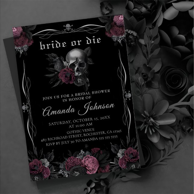 Bride or Die Burgundy Gothic Skull Bachelorette  Invitation (Creator Uploaded)