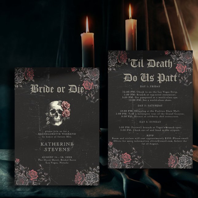 Bride or Die Gothic Bachelorette Party Itinerar Invitation (bride or die bachelorette party invitation itinerary moody dark goth gothic til death floral skull)
