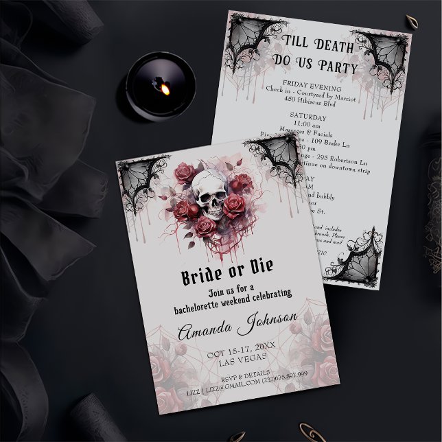 Bride or Die Gothic Rose Skull Bachelorette Party Invitation (Creator Uploaded)
