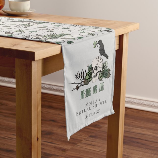 Bride or Die Gray Skull & Roses Gothic Wedding Long Table Runner (In Situ)