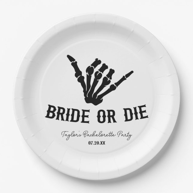 Bride or Die Rockstar Skeleton Bachelorette Party Paper Plates (Front)