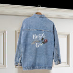 Bride or Die Rose Skeleton Hand Gothic Wedding Denim Jacket<br><div class="desc">Nothing screams "I do!" like a Halloween-inspired gothic wedding. Our beautiful Bride or Die bridal shower denim jacket features our own hand-painted watercolor skeleton hand holding a single red rose. Our Halloween theme wedding will have you saying "I do" to this hauntingly romantic affair. Perfect for Halloween weddings and bridal...</div>