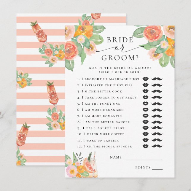 Bride or Groom Bright Cocktail Bridal Game Enclosure Card (Front/Back)