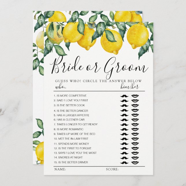 Bride or Groom game fully Lemons editable card (Front/Back)