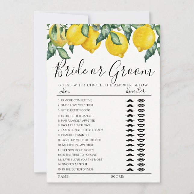 Bride or Groom game fully Lemons editable card (Front)
