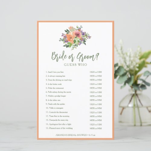 Bride or Groom Guess Who Coral Watercolor Custom