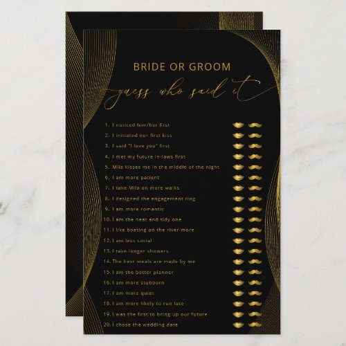 Bride or Groom Guess Who Said it Game Black  Gold