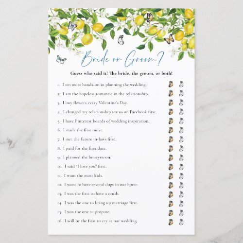 Bride or Groom  Lemon Bridal Shower Game 