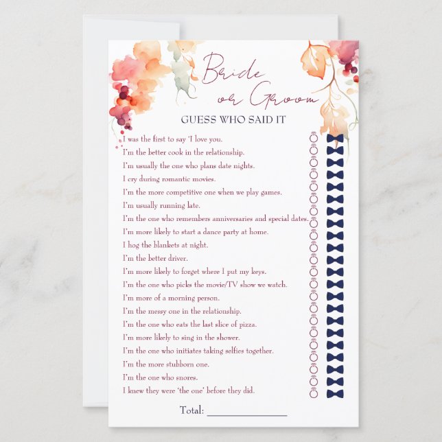Bride or groom winery bridal shower game (Front)