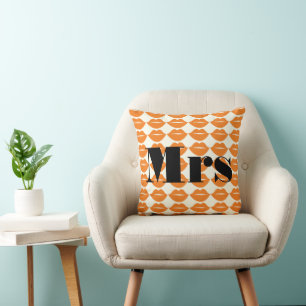 Bride Orange and Ivory Mrs Lips Patten Throw Pillow
