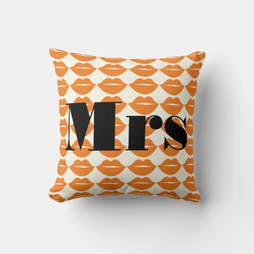 Bride Orange and Ivory Mrs Lips Patten Throw Pillow